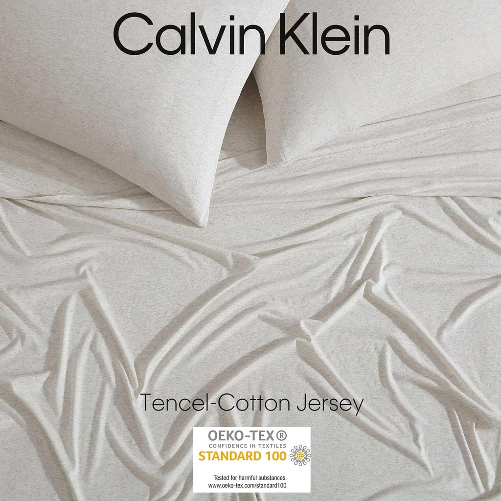 Calvin Klein - Queen Size Sheets Set, Naturally Soft Cotton-Blend Melange Jersey Bedding - Bed Sheets with Matching Pillowcases & Fitted Sheet (Modern Cotton Ivory/Grey)