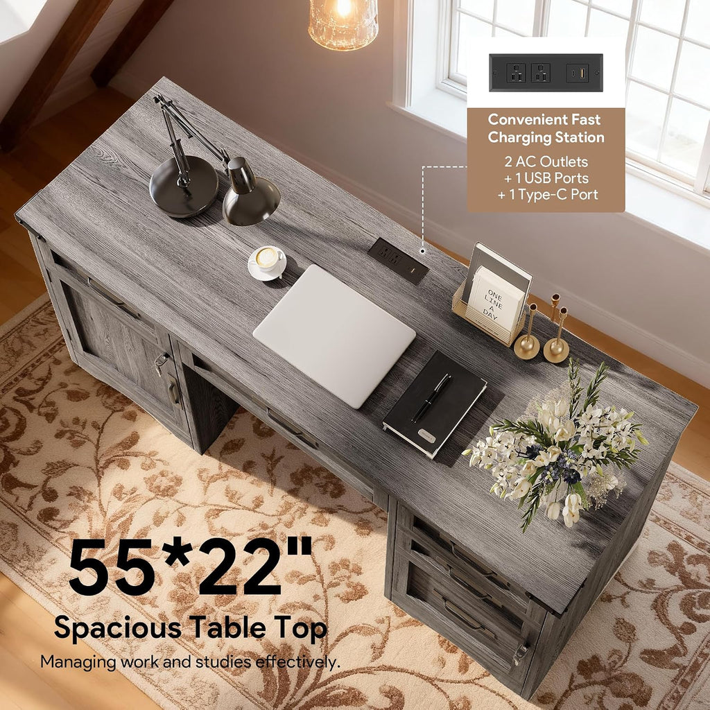 Decofy Farmhouse Executive Desk with Drawers, 55' Home Office Desks with Fast Charging Station, Lockable File Cabinet, Wood Writing Computer Desk for Work, Study, Grey