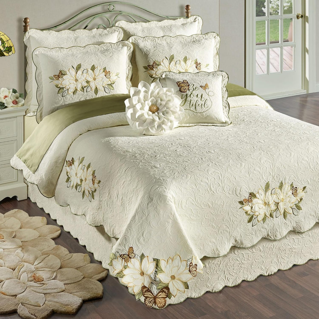 Sweetbay Garden Luxury Matelasse Bedding | Magnolia Flower, Butterfly, & Leaf Velvet Appliques | 4-Pc Ivory Textured Scroll Lightweight Bed Set with Oversized King Coverlet, Bedskirt, and 2 King Shams