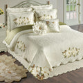 Sweetbay Garden Luxury Matelasse Bedding | Magnolia Flower, Butterfly, & Leaf Velvet Appliques | 4-Pc Ivory Textured Scroll Lightweight Bed Set with Oversized King Coverlet, Bedskirt, and 2 King Shams