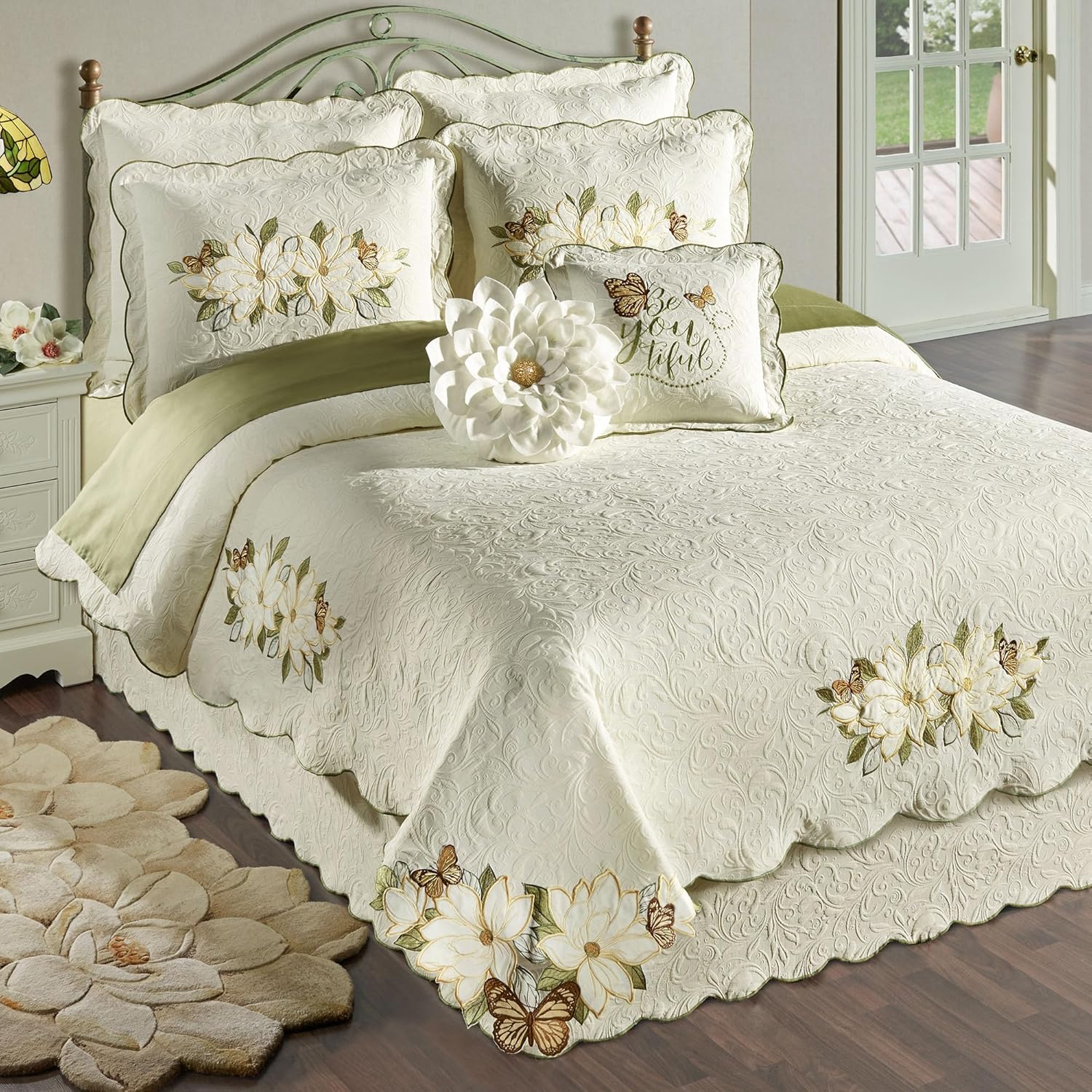 Sweetbay Garden Luxury Matelasse Bedding | Magnolia Flower, Butterfly, & Leaf Velvet Appliques | 4-Pc Ivory Textured Scroll Lightweight Bed Set with Oversized King Coverlet, Bedskirt, and 2 King Shams