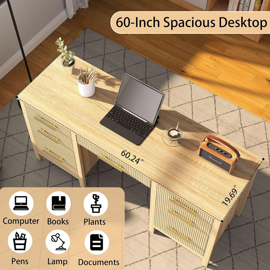 Modern Executive Desk with Drawers: 60' Oak Home Office Desks with File Drawers, Wood Fluted Computer Writing Desk for Work, Study, and Living Room (60')