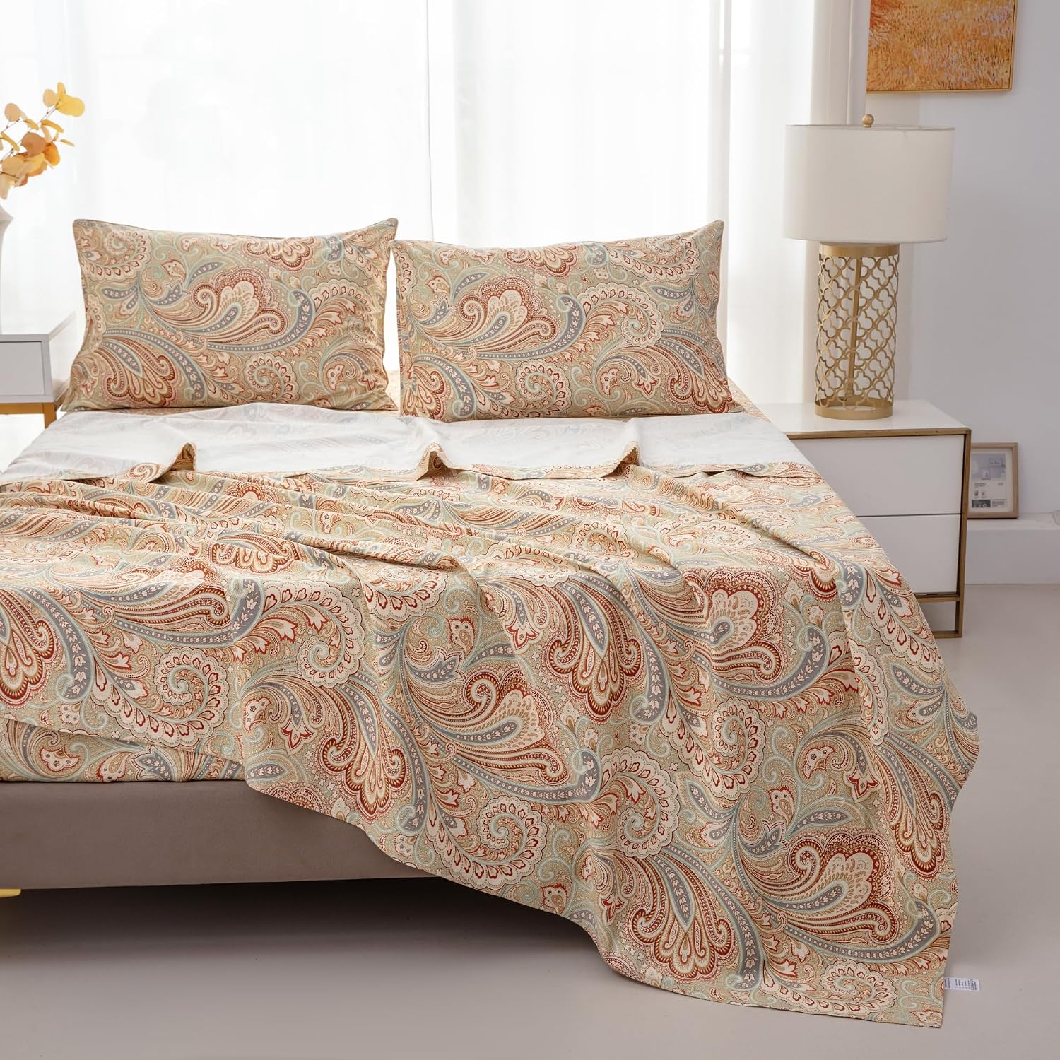 Brandream Paisley Bedding Gold Classy Regal Themed Boho Bed Sheet Set Luxury Bedding Collections 800 Thread Count 100% Egyptian Cotton Deep Pocket, 4 Piece-King Size