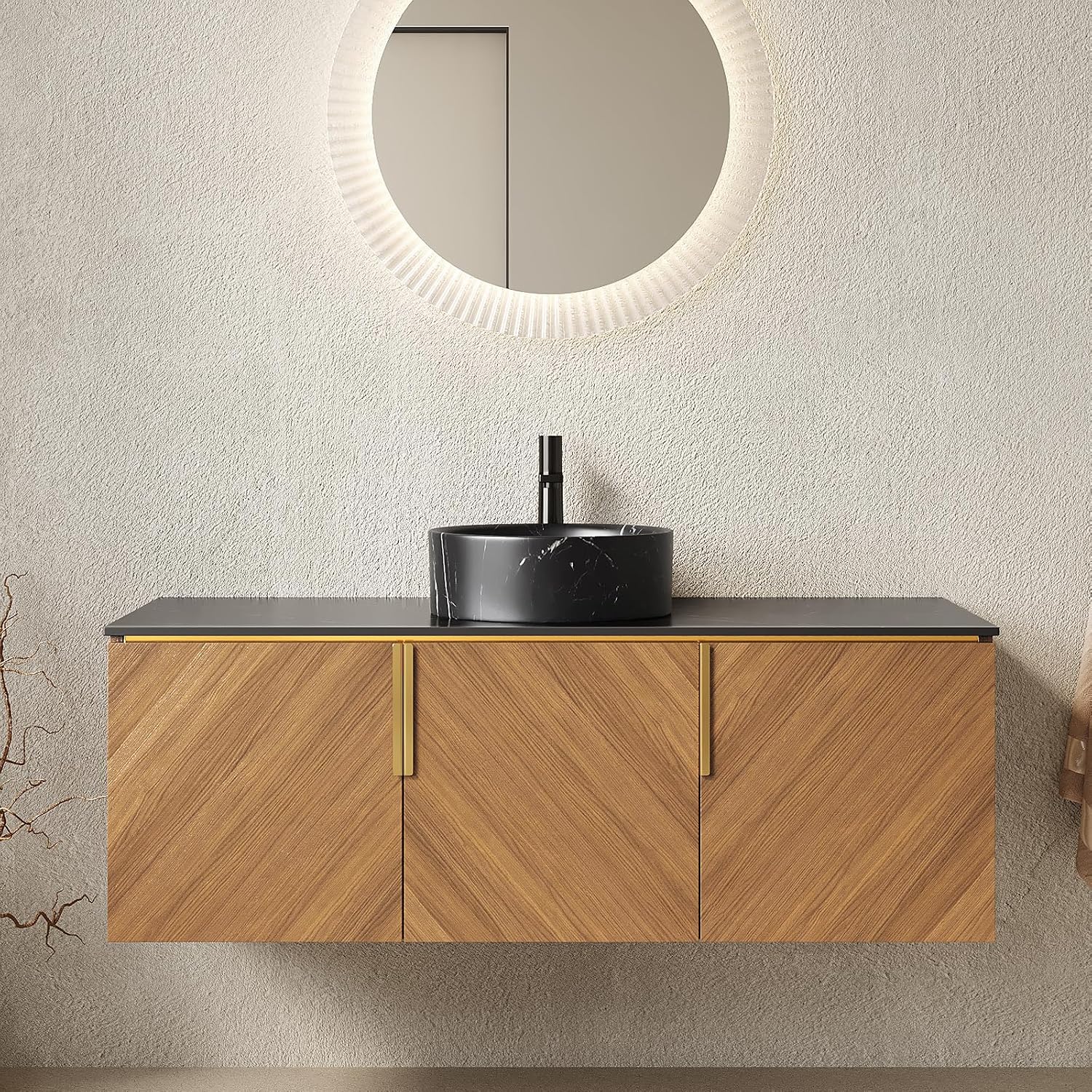 48 Inch Bathroom Vanity with Single Sink, Floating Vanity with Vessel Sink, Modern Bathroom Vanity Cabinet with 3 Doors, Sintered Stone Countertop and Black Round Basin,Brown Oak
