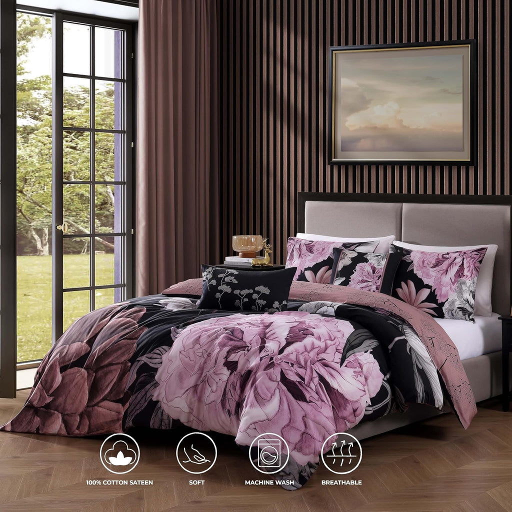 Bebejan Midnight Meadow 5 Piece Comforter Set, 100% Cotton Sateen, 220 Thread Count, Black Reversible Bedding Comforter Set, 1 Comforter, 2 Shams & 2 Pillows (Full/Queen)