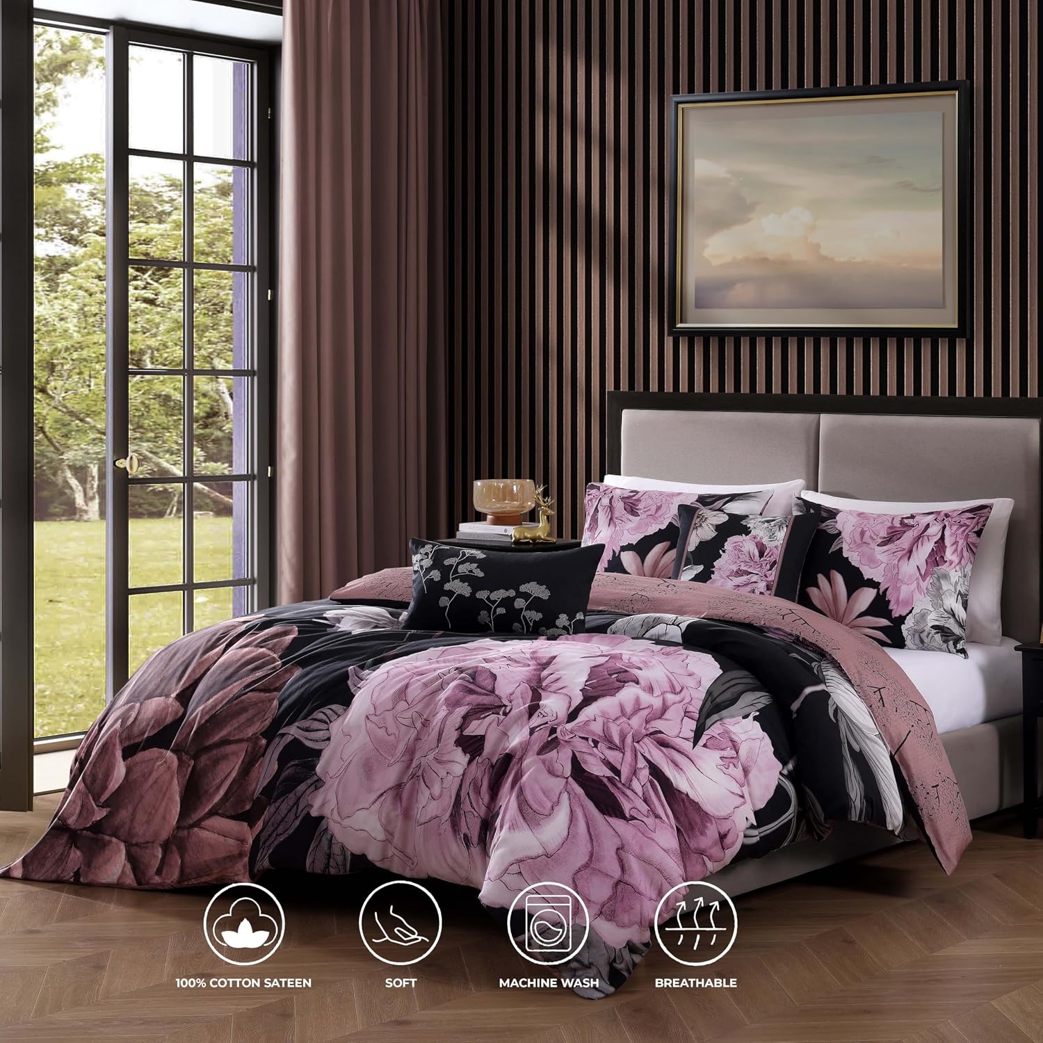 Bebejan Midnight Meadow 5 Piece Comforter Set, 100% Cotton Sateen, 220 Thread Count, Black Reversible Bedding Comforter Set, 1 Comforter, 2 Shams & 2 Pillows (King/Cal King)