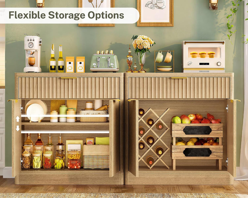 TEENFON 31.5' W Storage Cabinet with Drawer and Adjustable Shelf, Coffee Bar Cabinet, Fluted Sideboard Buffet Cabinet with 2 Doors for Living Room, Kitchen, Entryway, Natural