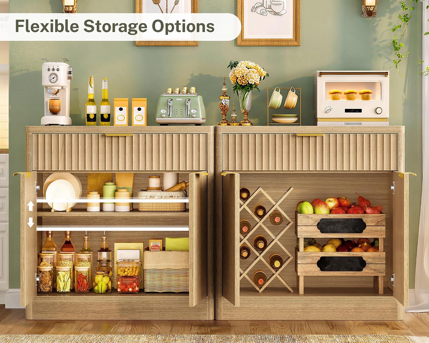 TEENFON 31.5' W Storage Cabinet with Drawer and Adjustable Shelf, Coffee Bar Cabinet, Fluted Sideboard Buffet Cabinet with 2 Doors for Living Room, Kitchen, Entryway, Natural