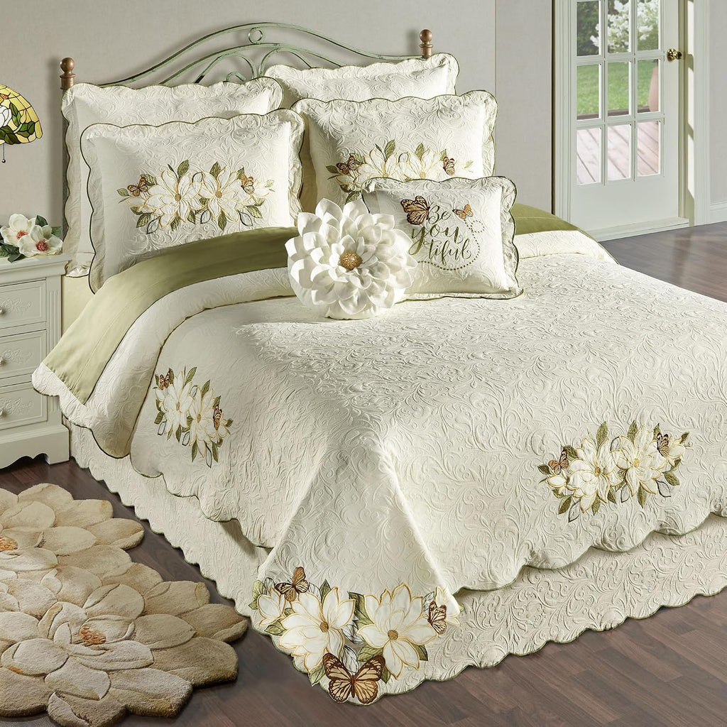Sweetbay Garden Luxury Matelasse Bedding | Magnolia Flower, Butterfly, & Leaf Velvet Appliques | 4-Pc Ivory Textured Scroll Lightweight Bed Set: Oversized Full Coverlet, Bedskirt, & 2 Standard Shams