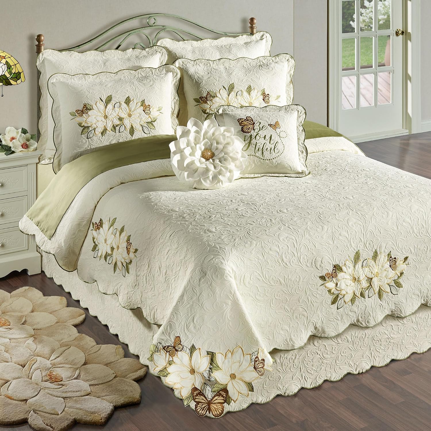 Sweetbay Garden Luxury Matelasse Bedding | Magnolia Flower, Butterfly, & Leaf Velvet Appliques | 4-Pc Ivory Textured Scroll Lightweight Bed Set: Oversized Full Coverlet, Bedskirt, & 2 Standard Shams