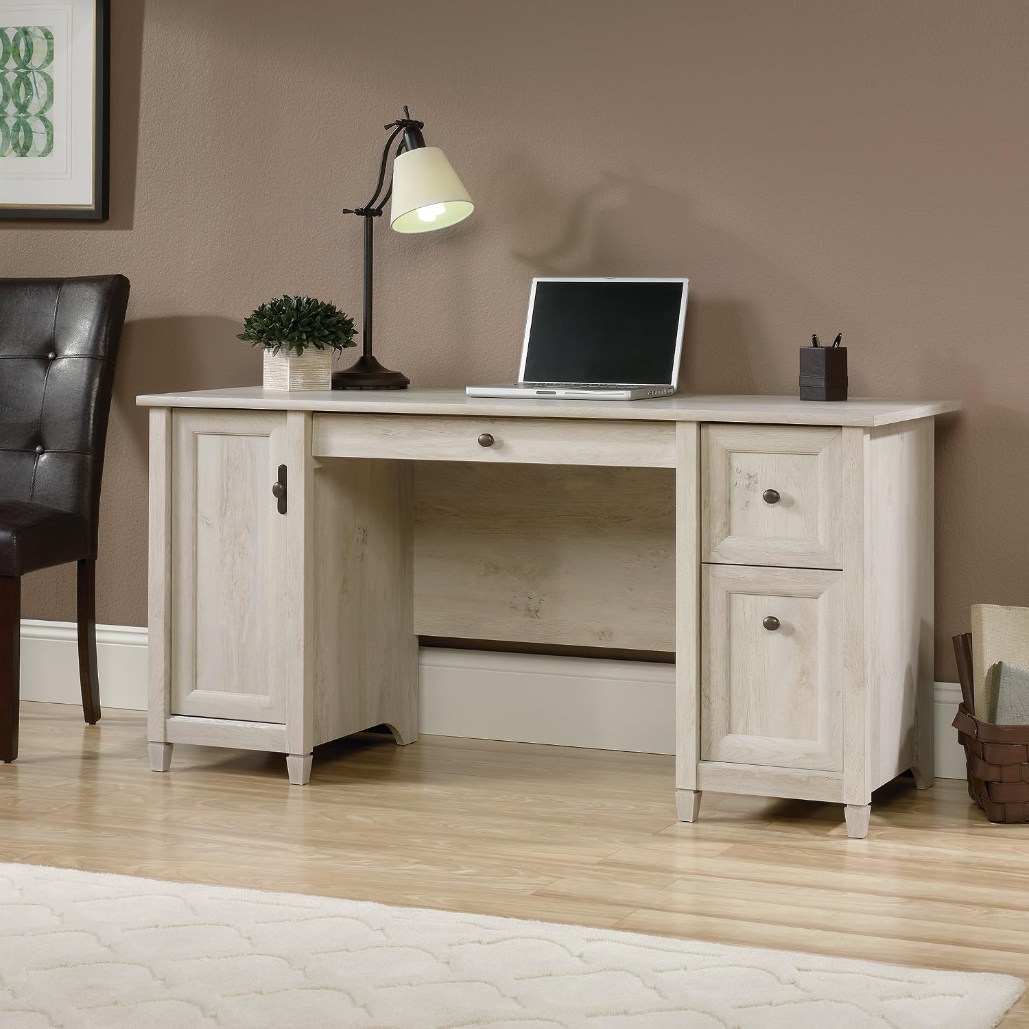 Sauder Edge Water Computer Desk with Storage Drawers, Home Office Desk, in Chalked Chestnut finish