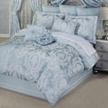 Contessa Luxury Bedding | Iced Platinum and Powder Blue | Puff Jacquard-Woven Florals | 11 Pc Set: King Comforter, Bedskirt, 2 King Shams, 2 Euro Shams, 2 Euro Pillow Inserts, and 3 Decorative Pillows