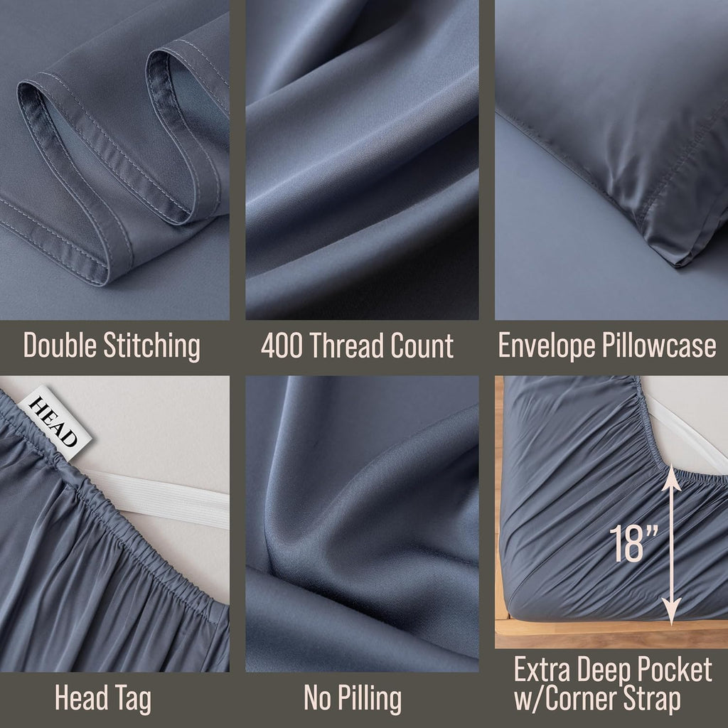 Bella Coterie Luxury Bamboo Viscose Queen Size Sheet Set | 100% Organically Grown | Ultra Soft | Cooling for Hot Sleepers | 18' Deep Pocket [Slate Blue]