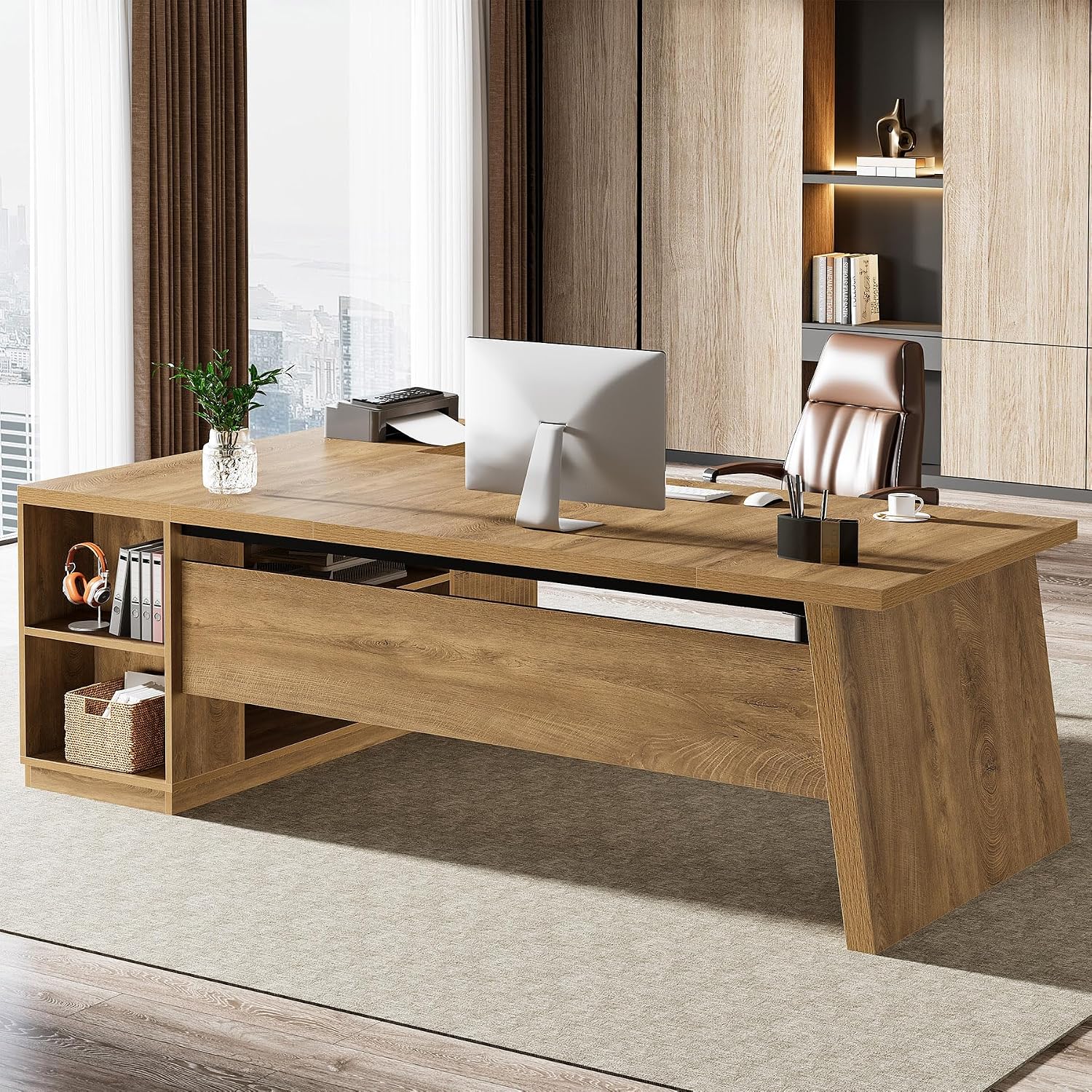 Tribesigns 78-Inch L-Shaped Executive Desk, Large Computer Desk with 2 Drawers and Storage Shelves, Business Furniture Workstation for Home & Office (Light Brown)