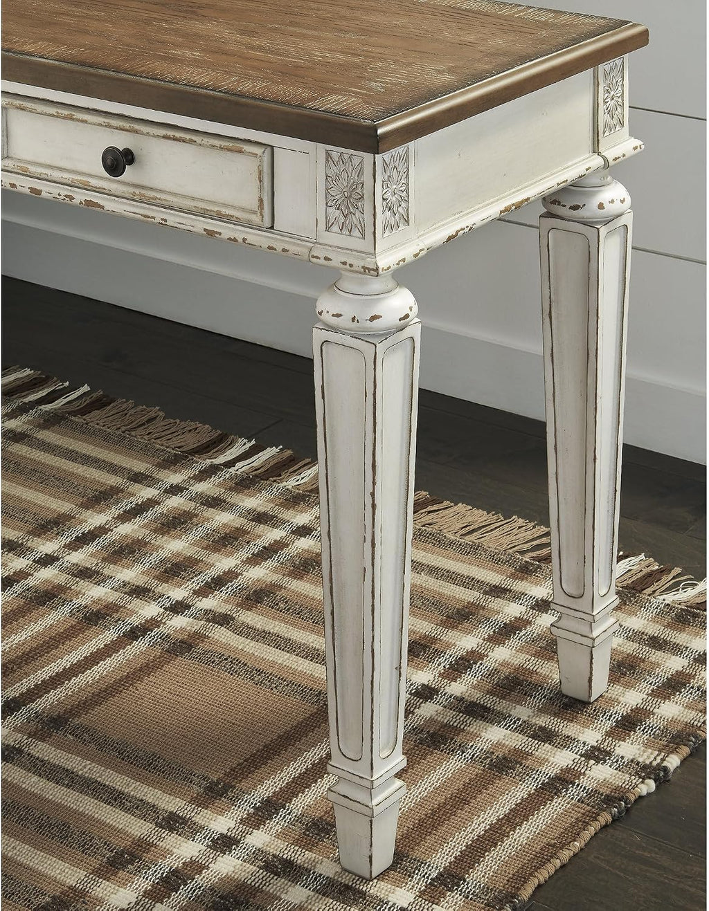 Signature Design by Ashley Realyn Cottage L-Shaped Distressed 2-Piece Home Office Desk with Power Supply and USB Ports, White & Light Brown