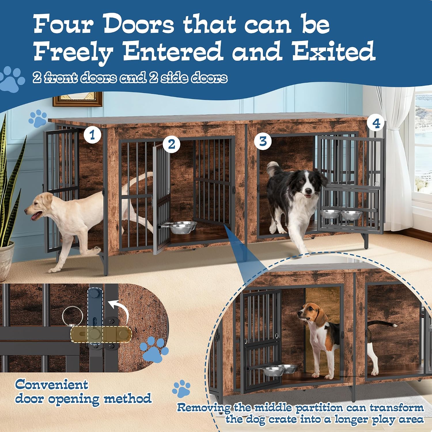 Grepatio 79' Double Dog Crate Furniture for 2 Dogs, Large Dog Kennel with 360° Rotating Feeder Bowls, Indoor Double Dogs Crates with 4 Doors, Wooden Dog Crate TV Stand with Removable Divider