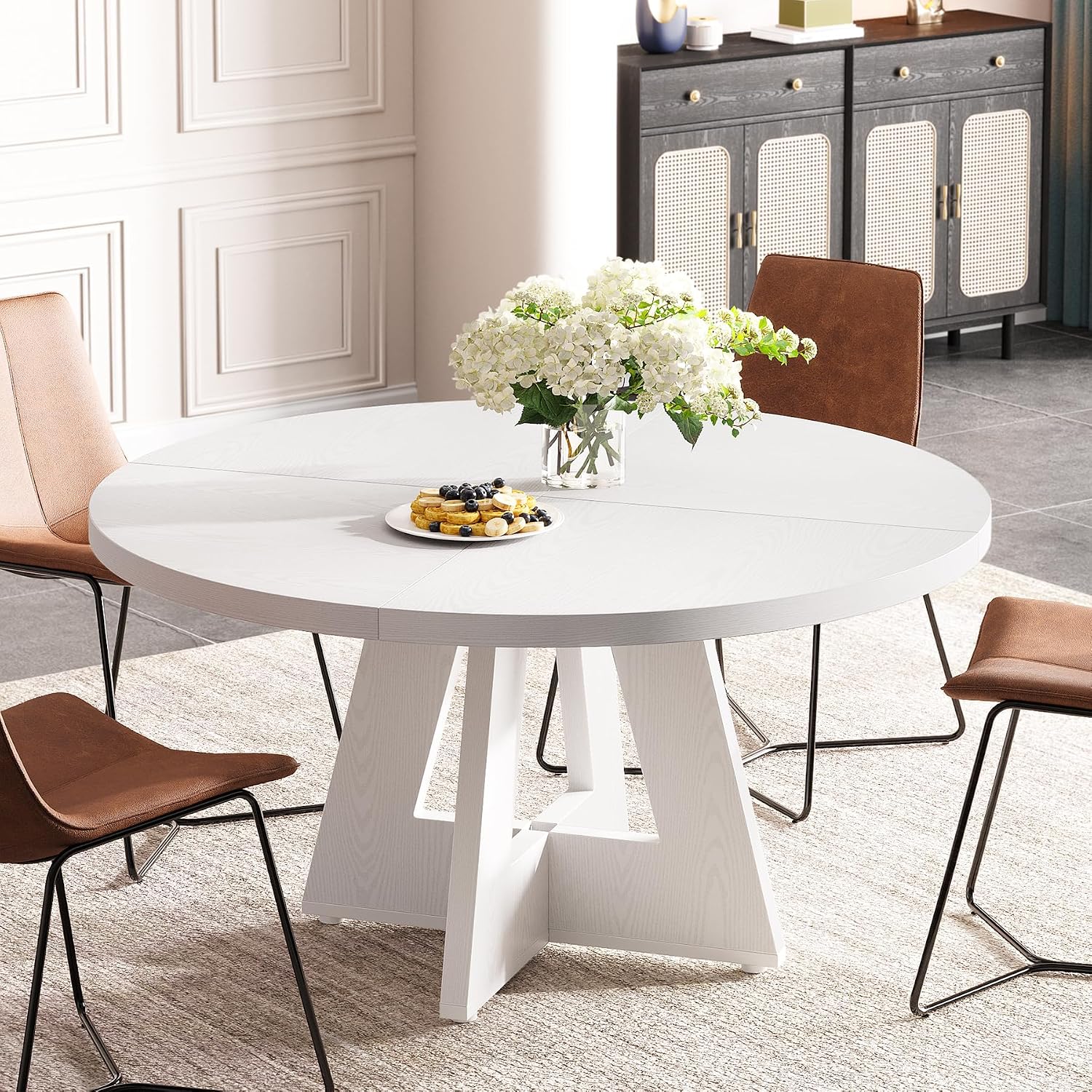 Tribesigns Farmhouse Dining Table, 47 Inch Round Dinner Table for 4, Rustic Round Dining Room Table for Home Dining Room Living Room (White)