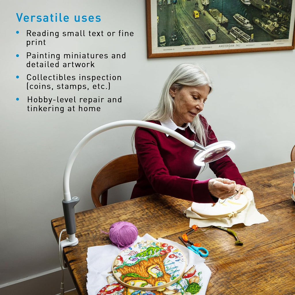 Daylight Magnificent Pro™ LED Magnifying Lamp with Clamp – 2-in-1 Task Light & Magnifier, 5,500 Lux at 6', 5' 1.75X Lens, 3 Brightness Levels, Flexible 26' Arm, 95+ CRI, Easy Twist Head – White/Grey
