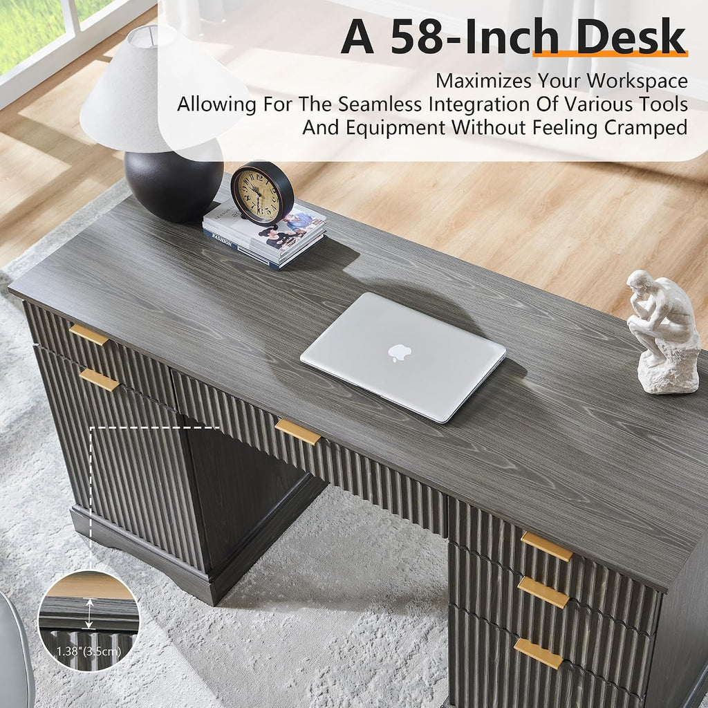 JXQTLINGMU Modern Executive Desk with Storage, Wood Home Office Desk with Drawer & Cabinet, Fluted Computer Writing Desk for Study, Living Room, Bedroom