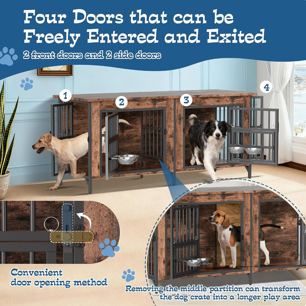 Grepatio 63' Double Dog Crate Furniture for 2 Dogs, Large Dog Kennel with 360° Rotating Feeder Bowls, Indoor Double Dogs Crates with 4 Doors, Wooden Crate TV Stand with Removable Divider