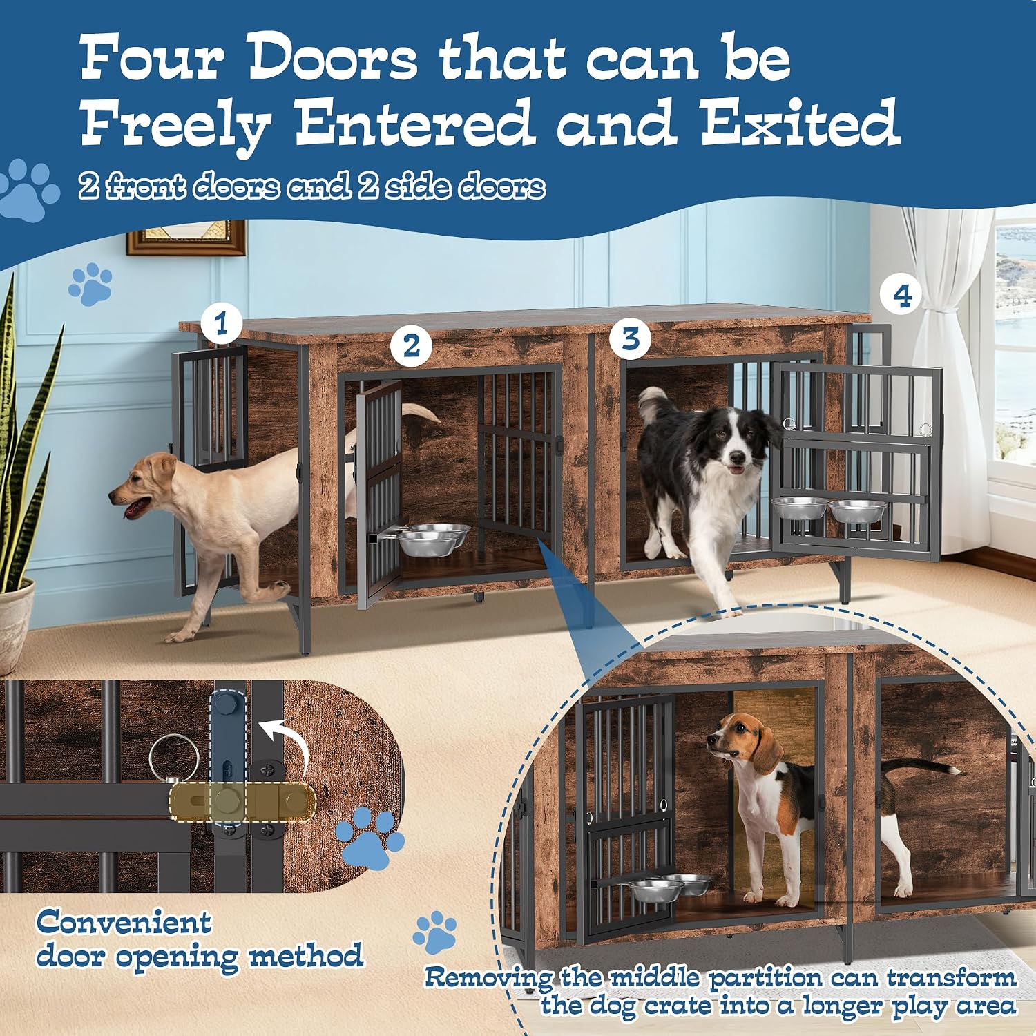Grepatio 63' Double Dog Crate Furniture for 2 Dogs, Large Dog Kennel with 360° Rotating Feeder Bowls, Indoor Double Dogs Crates with 4 Doors, Wooden Crate TV Stand with Removable Divider