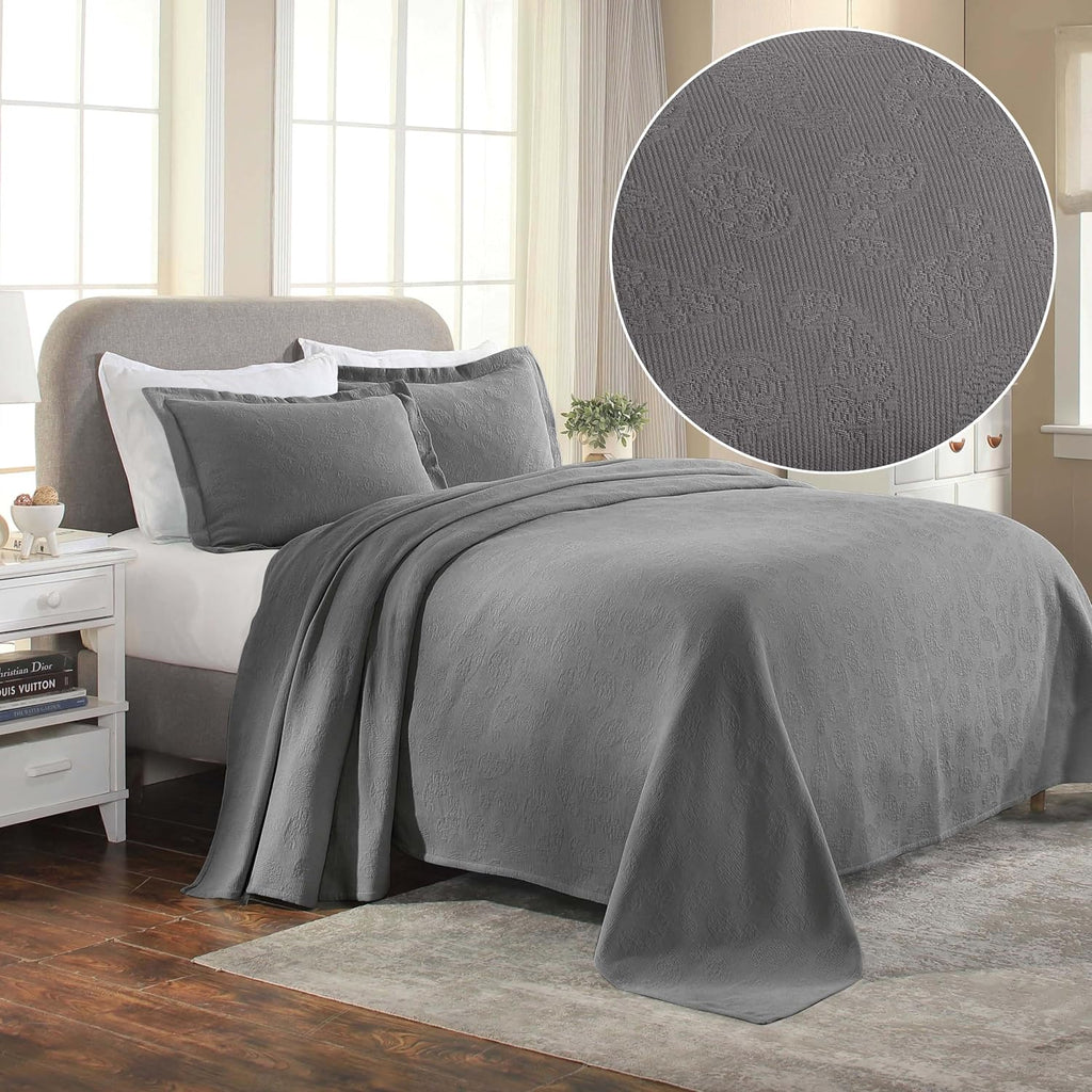 Superior Paisley Cotton 3 Piece Bedspread Set, Home Bed Decor, Decorative Textured Bed Spread, 2 Pillow Shams, Airy Blanket, Matelasse Coverlet Bedding, Vintage Floral Design, Queen, Grey