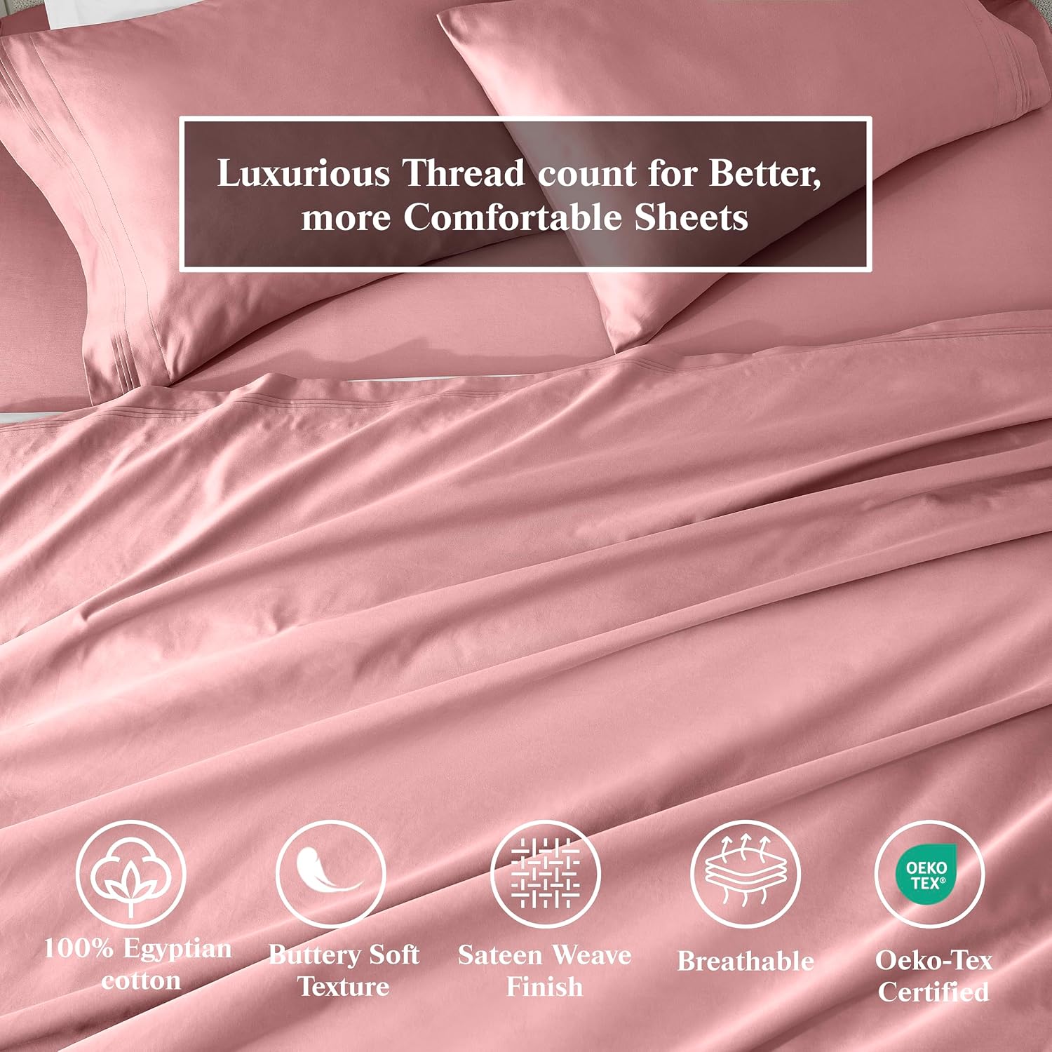 Superior Egyptian Cotton 4 Piece Sheet Set, 650 Thread Count, Eco-Friendly, Sustainable Sheets, Ultra-Soft Basics, Solid, Deep Pocket Fitted Sheet, Flat Sheet, Pillowcases, Queen, Blush