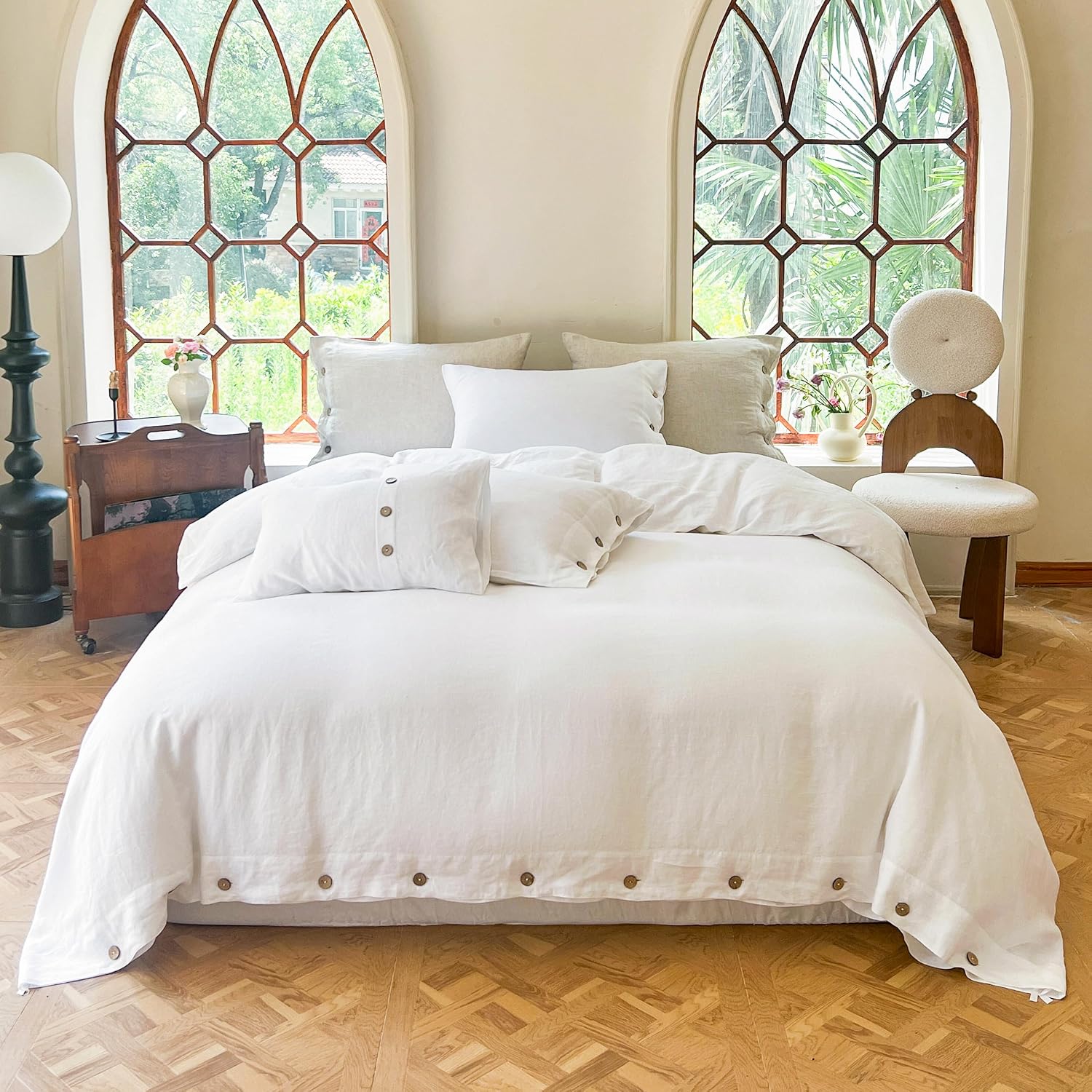 Simple&Opulence 100% Linen Duvet Cover Set 3pcs with Coconut Button Closure Natural French Washed Flax Solid Color Soft Breathable Farmhouse Bedding - White, California King