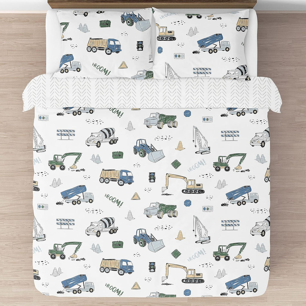 Sweet Jojo Designs Construction Truck Boy Full/Queen Bedding Set Kids Comforter Childrens Size - 3 Pieces - Grey Yellow Black Blue and Green Transportation Chevron Arrow