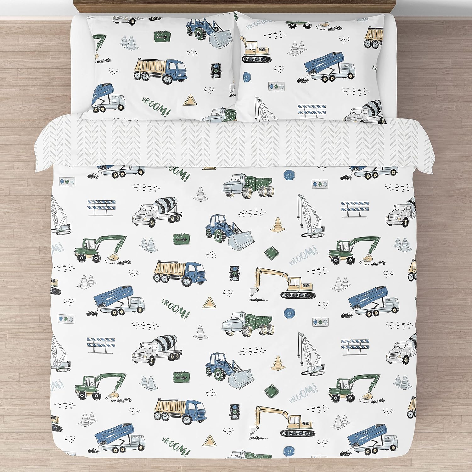 Sweet Jojo Designs Construction Truck Boy Full/Queen Bedding Set Kids Comforter Childrens Size - 3 Pieces - Grey Yellow Black Blue and Green Transportation Chevron Arrow