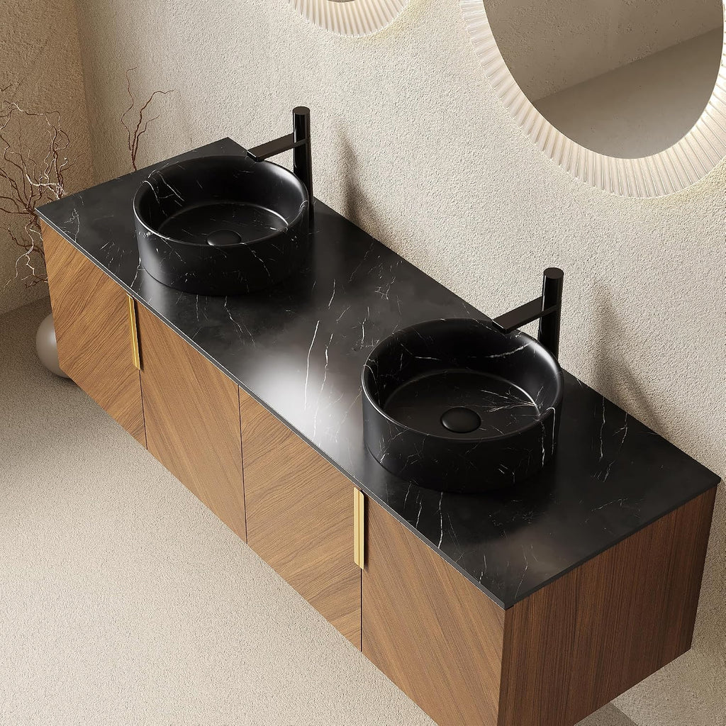 60' Double Sink Bathroom Vanity with Sink Combo, Floating Vanity with Vessel Sink, Wall-Mounted Plywood Bathroom Vanity Storage Cabinet with 4 Doors & 2 Black Round Basin, Brown Oak