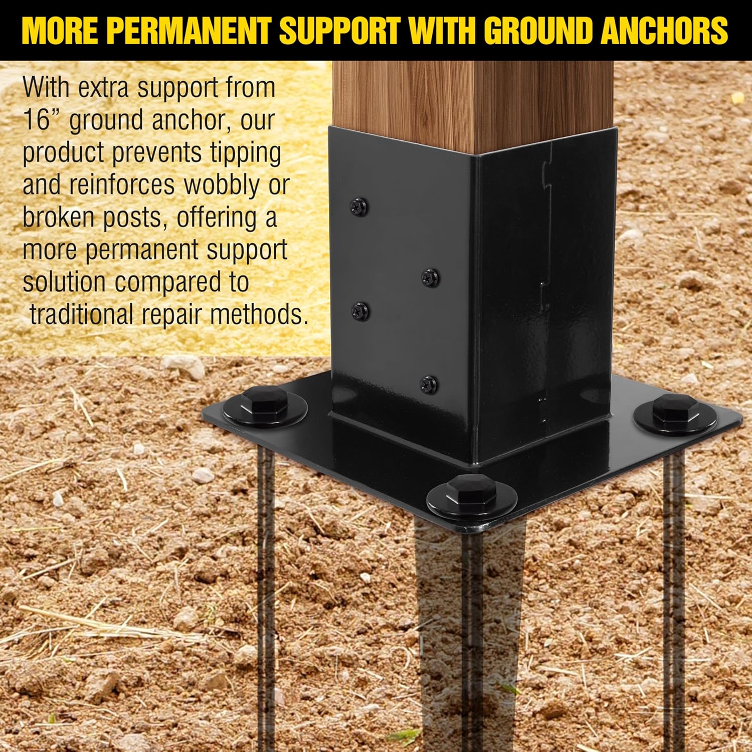 LADECH 16″ No-Dig 4×4 Ground Spike Post Anchors – Powder-Coated Steel, Includes 4 Corner Screws – Heavy-Duty Ground Anchors for Fence, Mailbox & Deck Posts (4 PCS - Black)