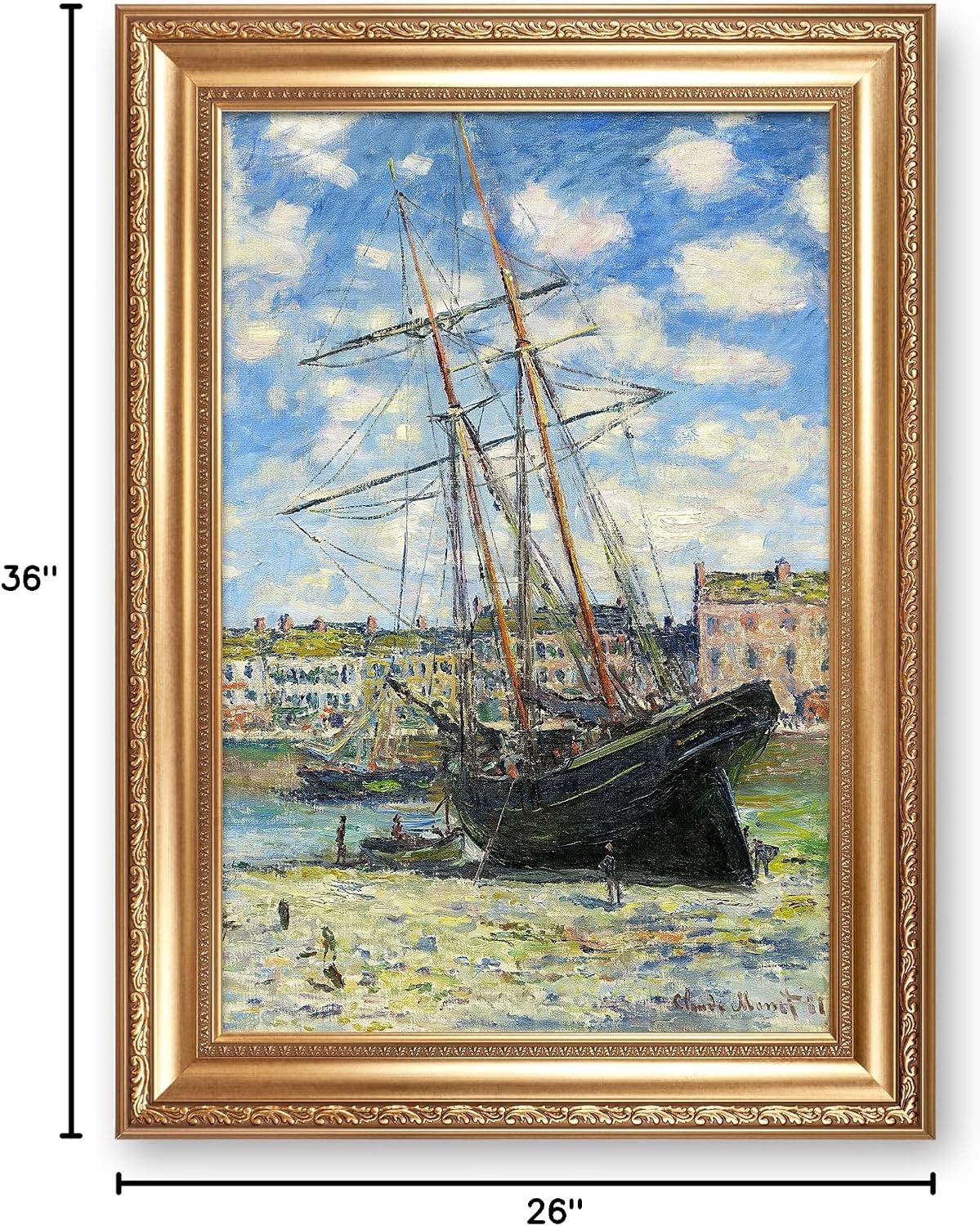 Boat Lying at Low Tide by Claude Monet Painting Reproductions Framed Size:36x26 inches,Image Size:30x20 inches World Classic Reproductions For HomeDecor,Gold Frame