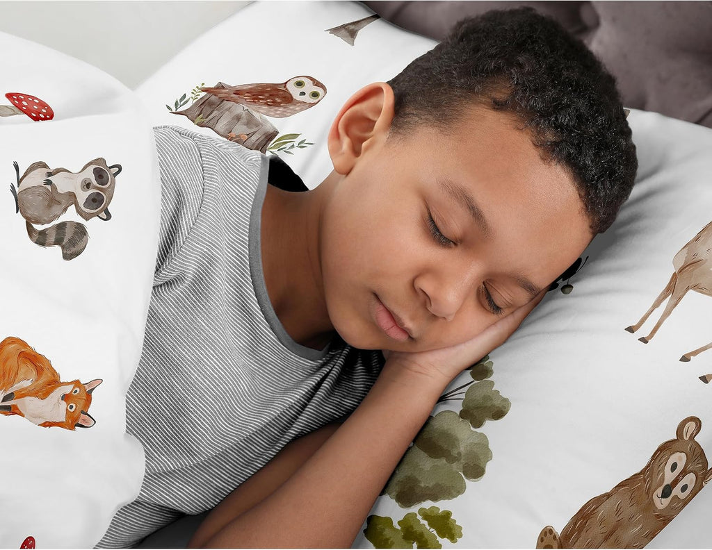 Sweet Jojo Designs Woodland Forest Animals Boy Girl Gender Neutral Unisex Queen Comforter Set Full Size Bedding Kids Teen Adult Bed Room 3pc Brown Bear Owl Animal Print Tree Deer Bunny Taupe Friends