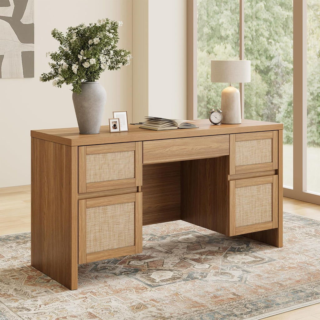 Yechen Executive Desk with 5 Drawers, 57' Modern Rattan Home Office Desk with Charging Station, File Drawer, Farmhouse Boho Computer Writing Desk for Study, Work, Walnut Brown