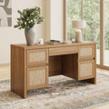 Yechen Executive Desk with 5 Drawers, 57' Modern Rattan Home Office Desk with Charging Station, File Drawer, Farmhouse Boho Computer Writing Desk for Study, Work, Walnut Brown