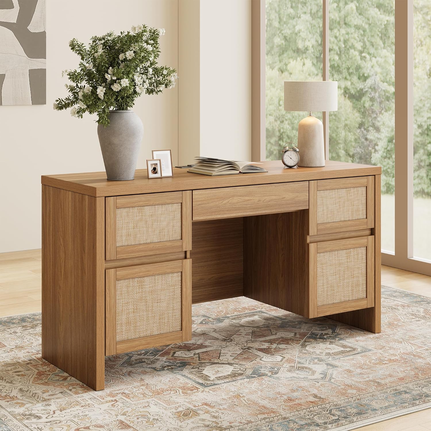 Yechen Executive Desk with 5 Drawers, 57' Modern Rattan Home Office Desk with Charging Station, File Drawer, Farmhouse Boho Computer Writing Desk for Study, Work, Walnut Brown