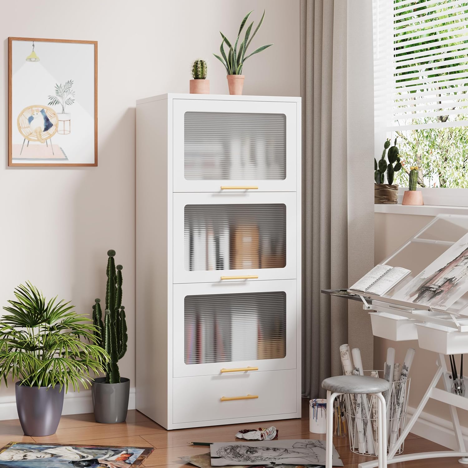 erosoei Metal Tall Narrow Bathroom Storage Cabinet，Slim Bathroom Storage Cabinet with Flip-up Acrylic Doors and Drawers，Pantry Cabinets for Kitchen, Bedroom, Living Room, Laundry Room