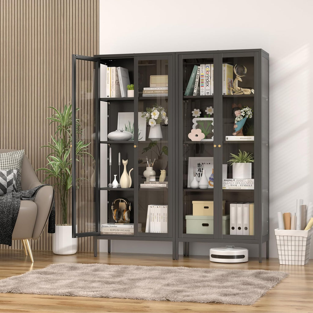 SteeLoong 66' Display Cabinet with Tempered Glass,Metal Curio Cabinet with Glass Doors,4-Tier Display Case for Collectibles,Trophy,Plant,Black Storage Cabinets for Living Room - Assemble Required