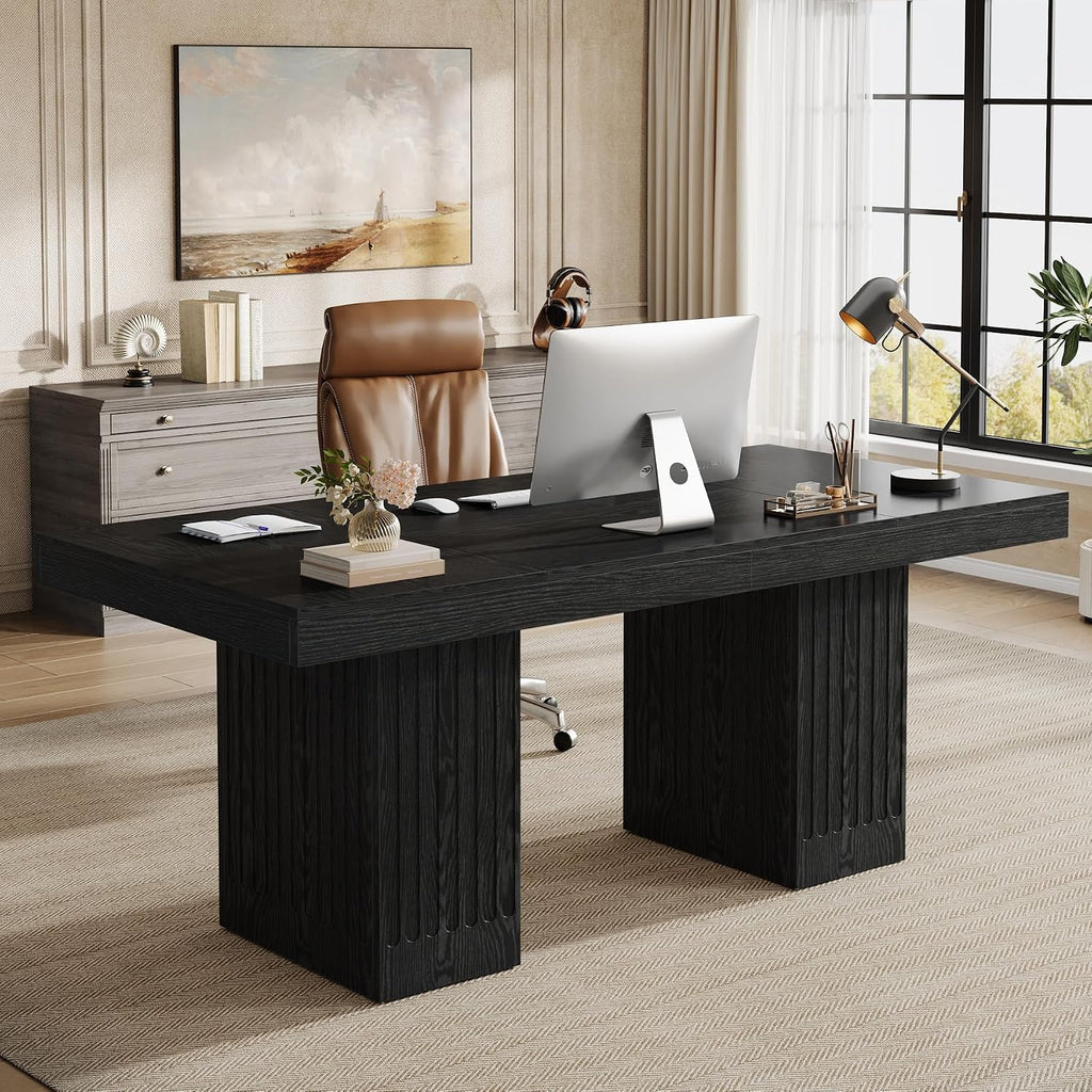 Tribesigns 63 Inch Executive Desk, Large Office Computer Desk with Double Pedestal, Black Modern Simple Desk, Study Writing Table Business Furniture for Home Office, Set of 2