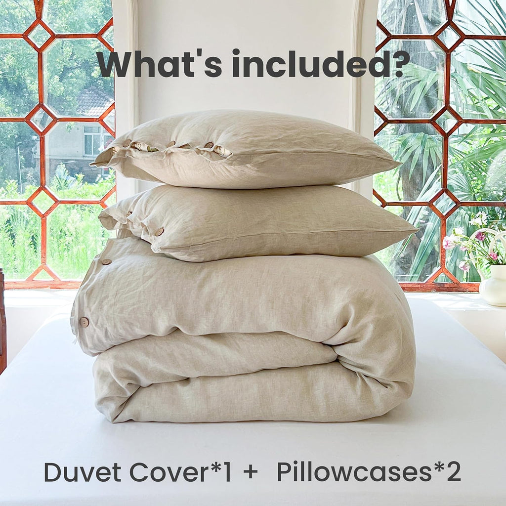 Simple&Opulence 100% Linen Duvet Cover Set 3pcs with Coconut Button Closure Natural French Washed Flax Solid Color Soft Breathable Farmhouse Bedding - Linen, Queen Size