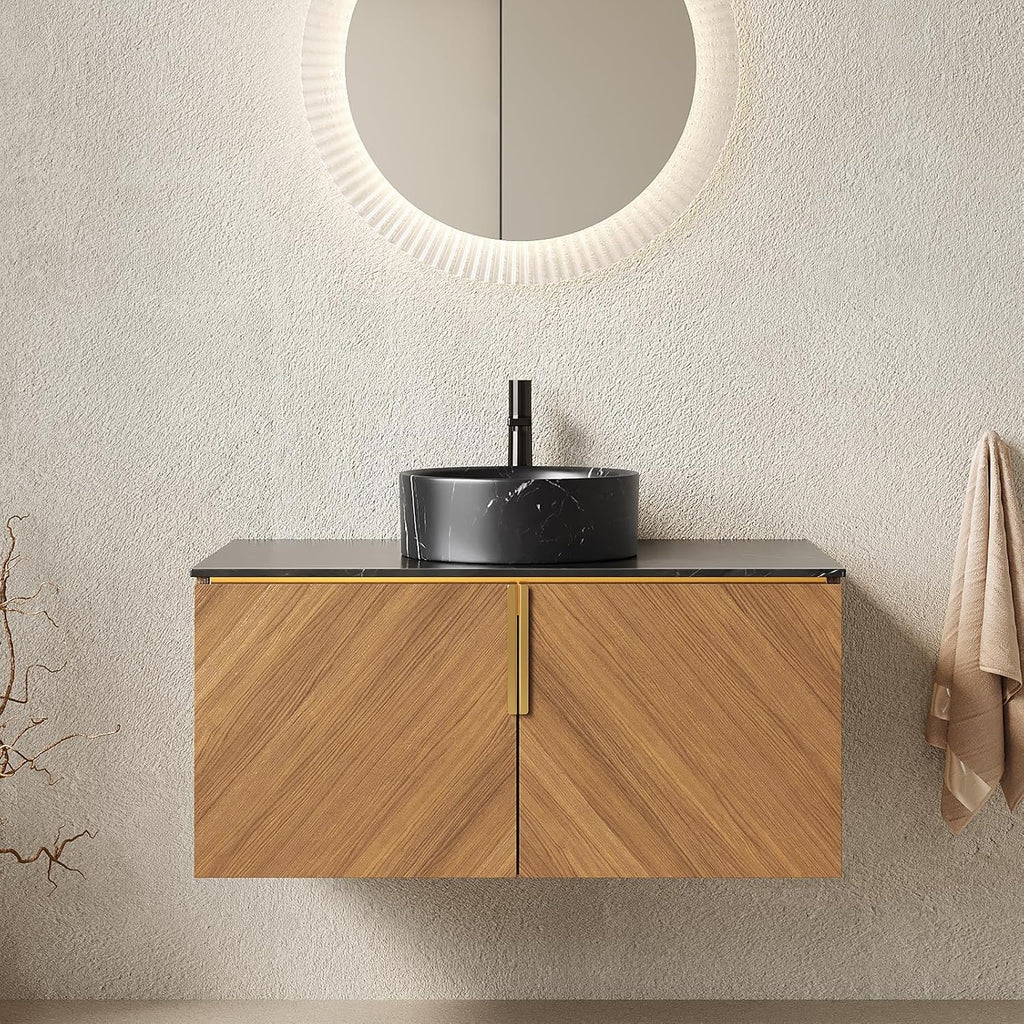36 Inch Bathroom Vanity with Sink Combo, Floating Vanity Bathroom with Vessel Sink, Modern Bathroom Vanity Cabinet with Doors, Sintered Stone Countertop and Black Round Basin,Brown Oak