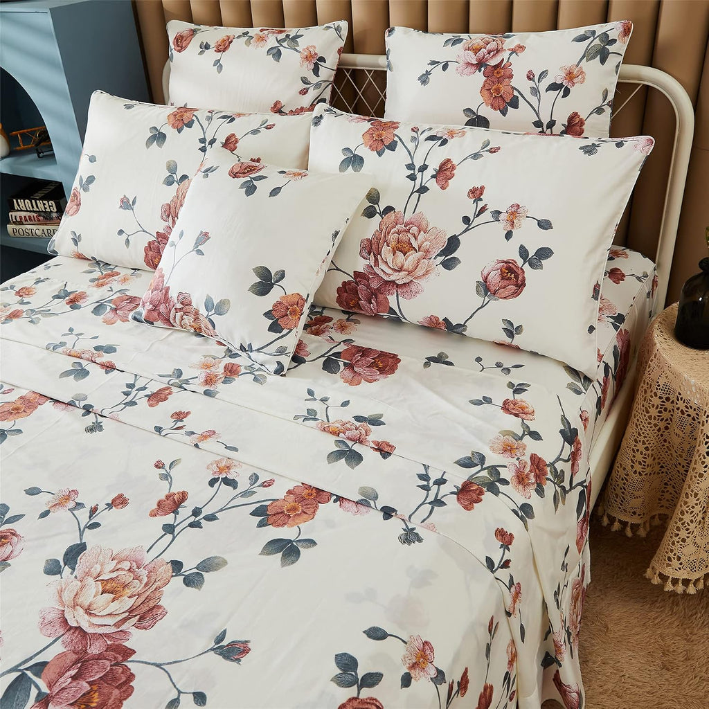 FADFAY Sheets Set Queen Shabby Beige Floral Bedding Elegant Peony Sheets Set Vintage Flower Bedding Collections Soft 100% Egyptian Cotton 800 Thread Count Deep Pocket Fitted Sheet, 4Pcs-Queen Size