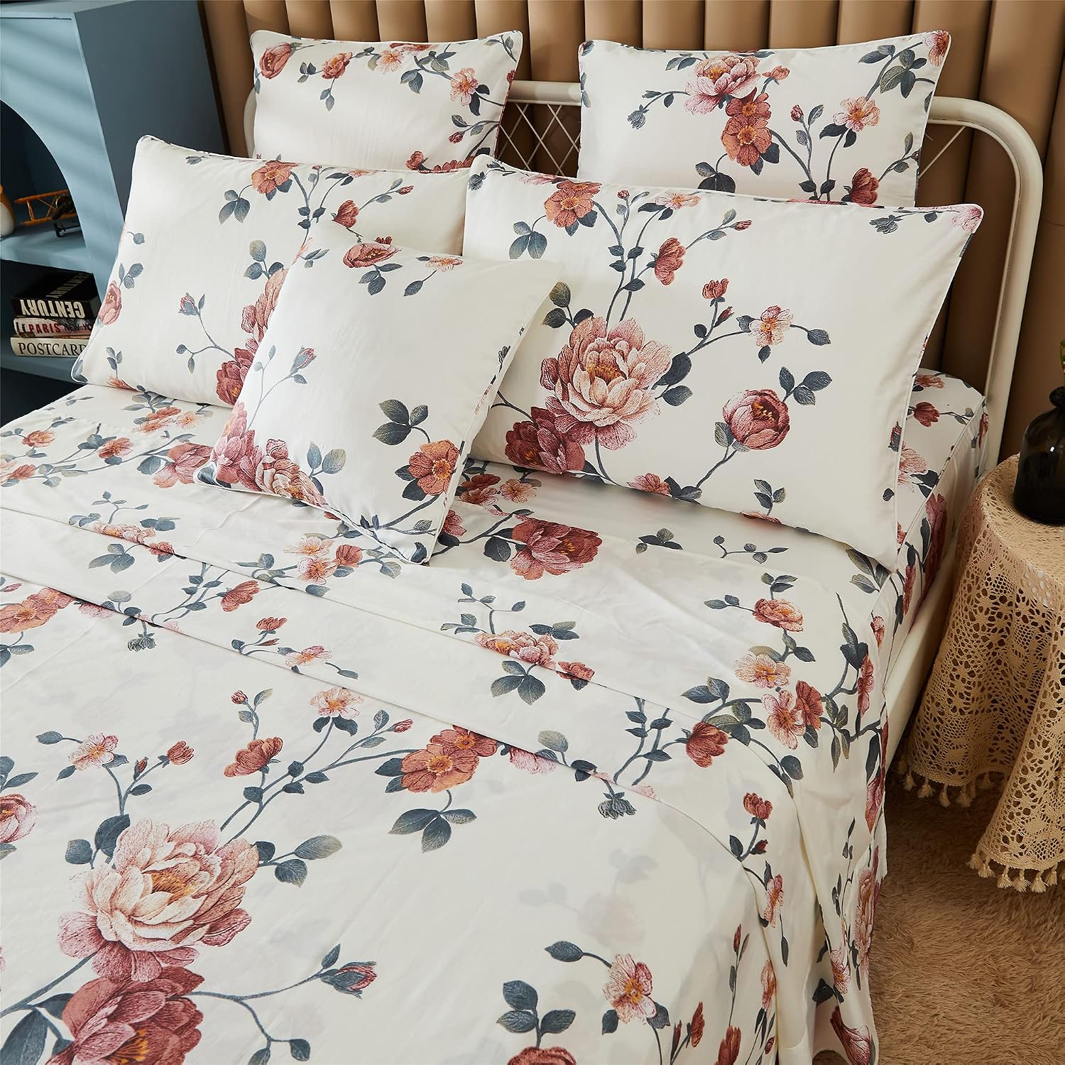FADFAY Sheets Set Queen Shabby Beige Floral Bedding Elegant Peony Sheets Set Vintage Flower Bedding Collections Soft 100% Egyptian Cotton 800 Thread Count Deep Pocket Fitted Sheet, 4Pcs-Queen Size