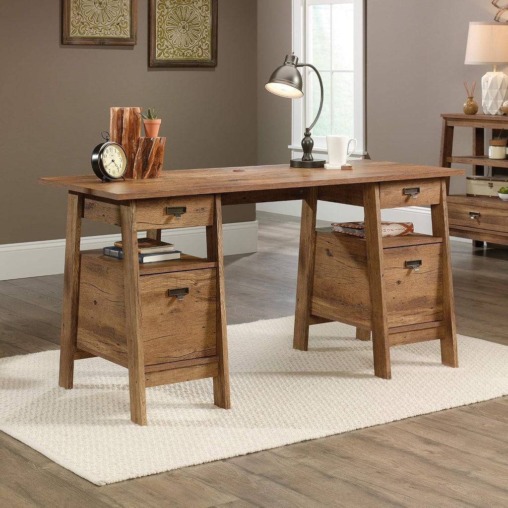 Sauder Trestle Executive Desk with Filing, Home Office Desk with Storage, Vintage Oak Finish