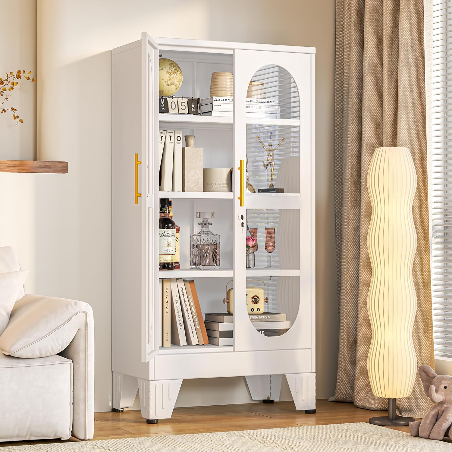 PAOFIN 47' H Locking Display Cabinet with Glass Door, Metal Cabinets with 3 Adjustable Shelves, Cabinet Display Case for Living Room, Collectibles, Clinic, Home - Assembly Required White