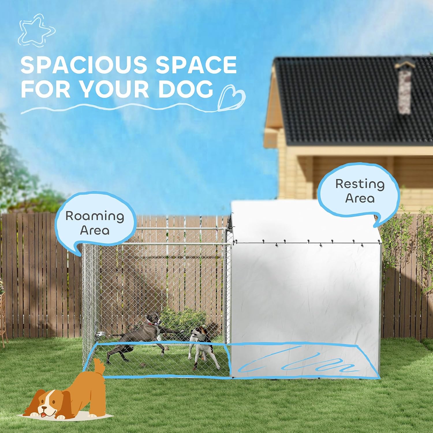 PawHut Large Outdoor Dog Kennel, Heavy Duty Galvanized Chain Link Dog Kennel Outside with Waterproof & UV-Resistant Cover, Rotating Bowls Door, for M&L Breeds, Chickens, Ducks, 13' x 7.5' x 7.5'
