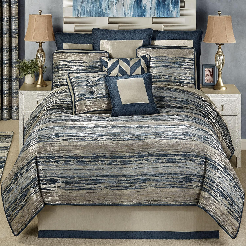 Spellbound Modern Luxury Bedding | Chic Metallic, Cool, & Neutral Hues | Chenille Abstract Striated Designs | 4 Piece Bedding Set Includes Oversized Queen Comforter, Bedskirt, and 2 Standard Shams