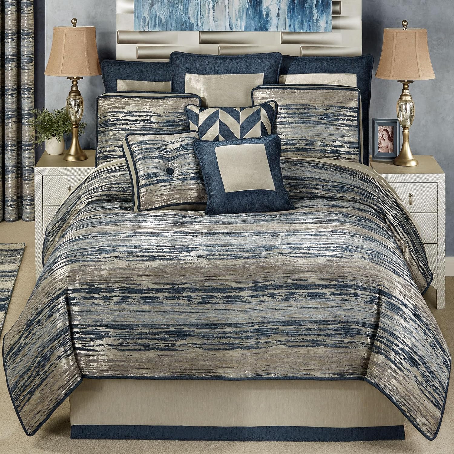 Spellbound Modern Luxury Bedding | Chic Metallic, Cool, & Neutral Hues | Chenille Abstract Striated Designs | 4 Piece Bedding Set Includes Oversized Queen Comforter, Bedskirt, and 2 Standard Shams