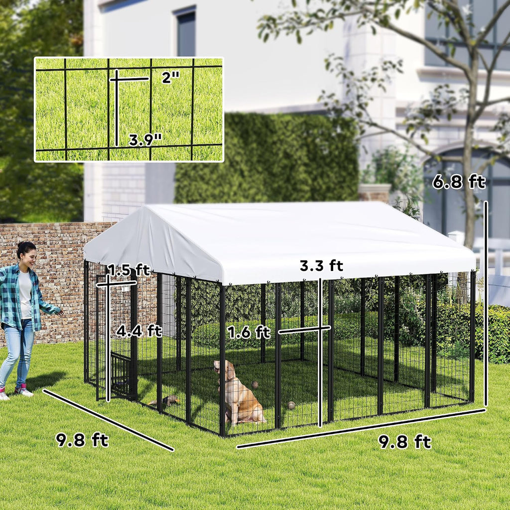PawHut 10' x 10' x 6' Outdoor Dog Kennel, Welded Wire Dog Kennel Outside Run with 360° Rotating Bowls, Waterproof & UV Resistant Cover, for S&M&L Breeds, Chickens, Ducks, Sliver